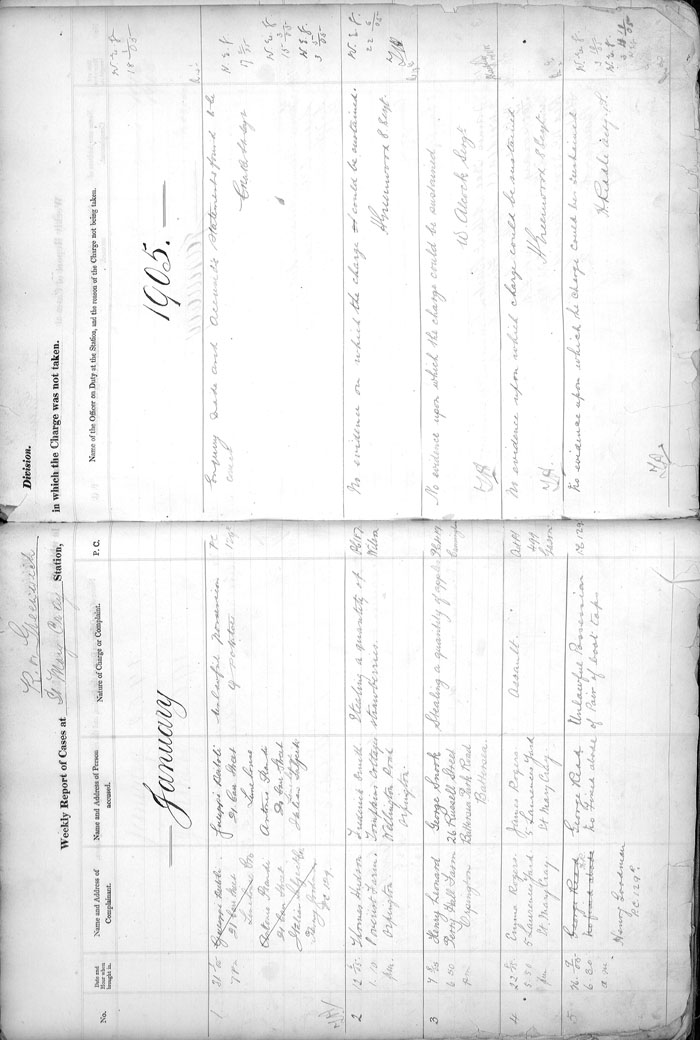 Refused Charge Book for St Mary Gray Police Station, Greenwich for 1905