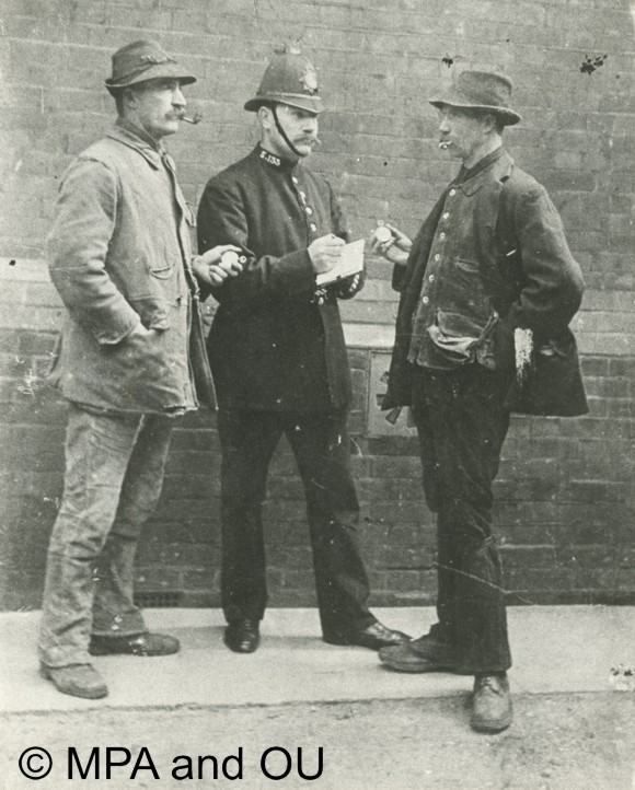plain clothes officers preparing a speed trap; in the early 20th century